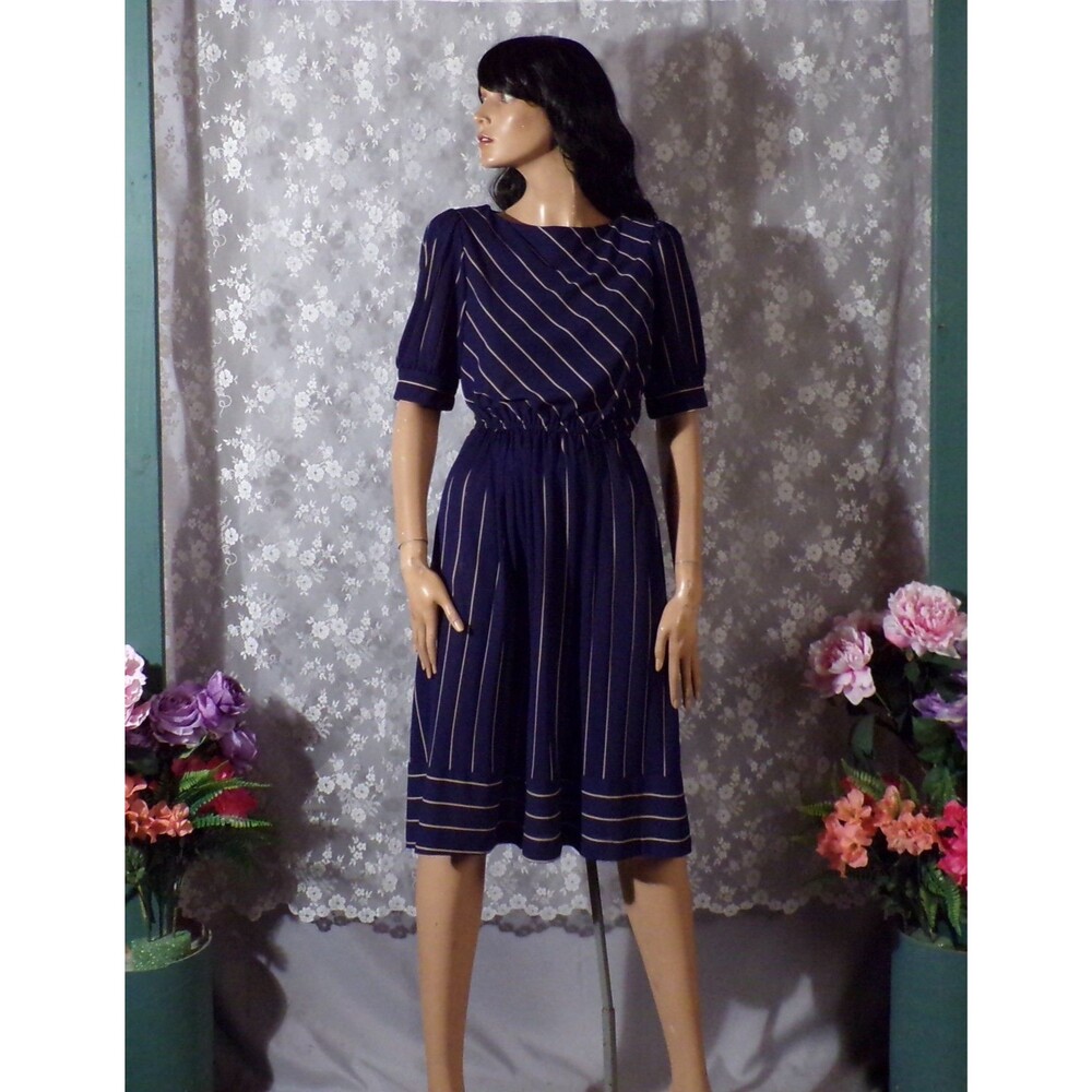 Vintage 70s Dark Blue Stripe Dress Size Small Knee Length Short Sleeve Academia